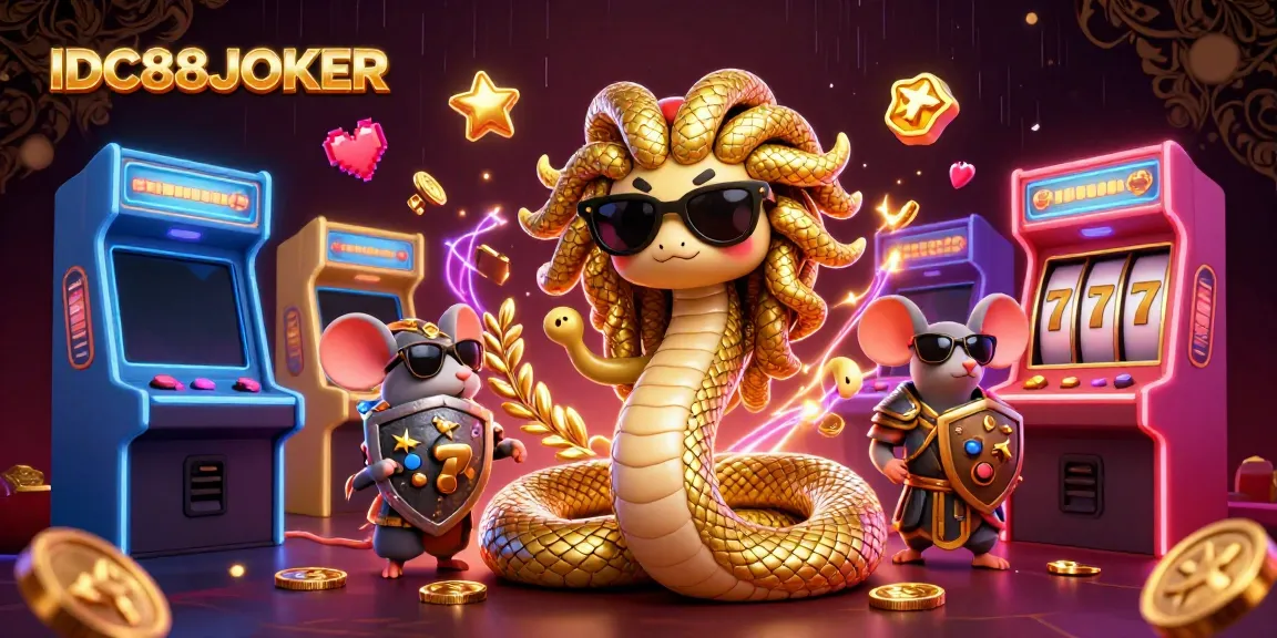 Experience thrilling gameplay with IDC88JOKER, featuring a lively scene of fun characters amidst vibrant casino game elements.