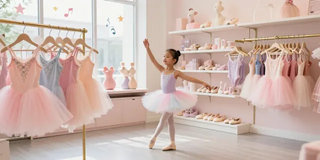 Tutu store featuring colorful ballet tutus and accessories with a joyful young dancer.