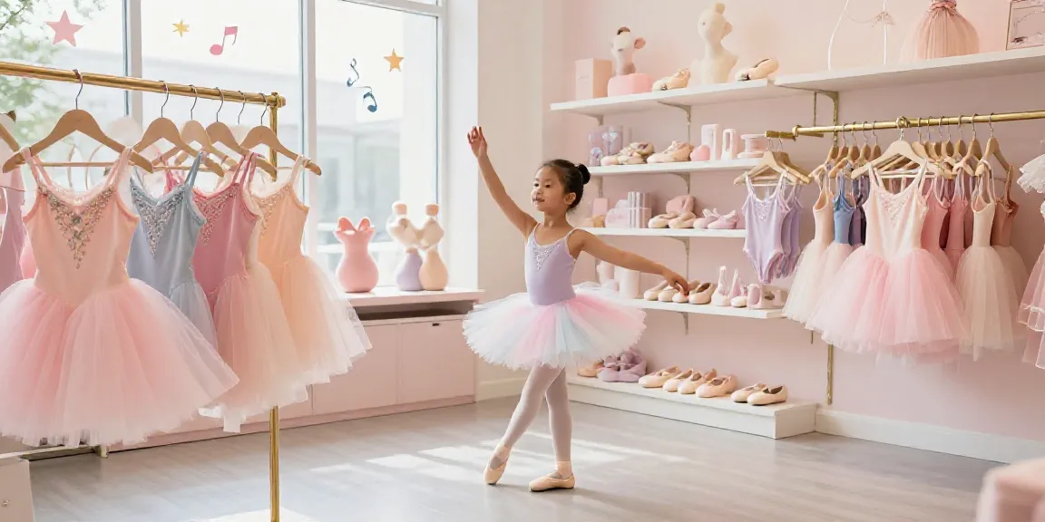 Tutu store featuring colorful ballet tutus and accessories with a joyful young dancer.