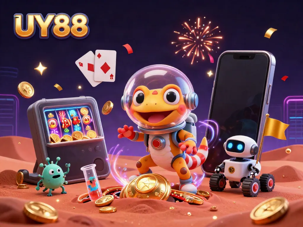 Engage with UY88 in an animated 3D scene showcasing a Martian gecko amidst casino elements.