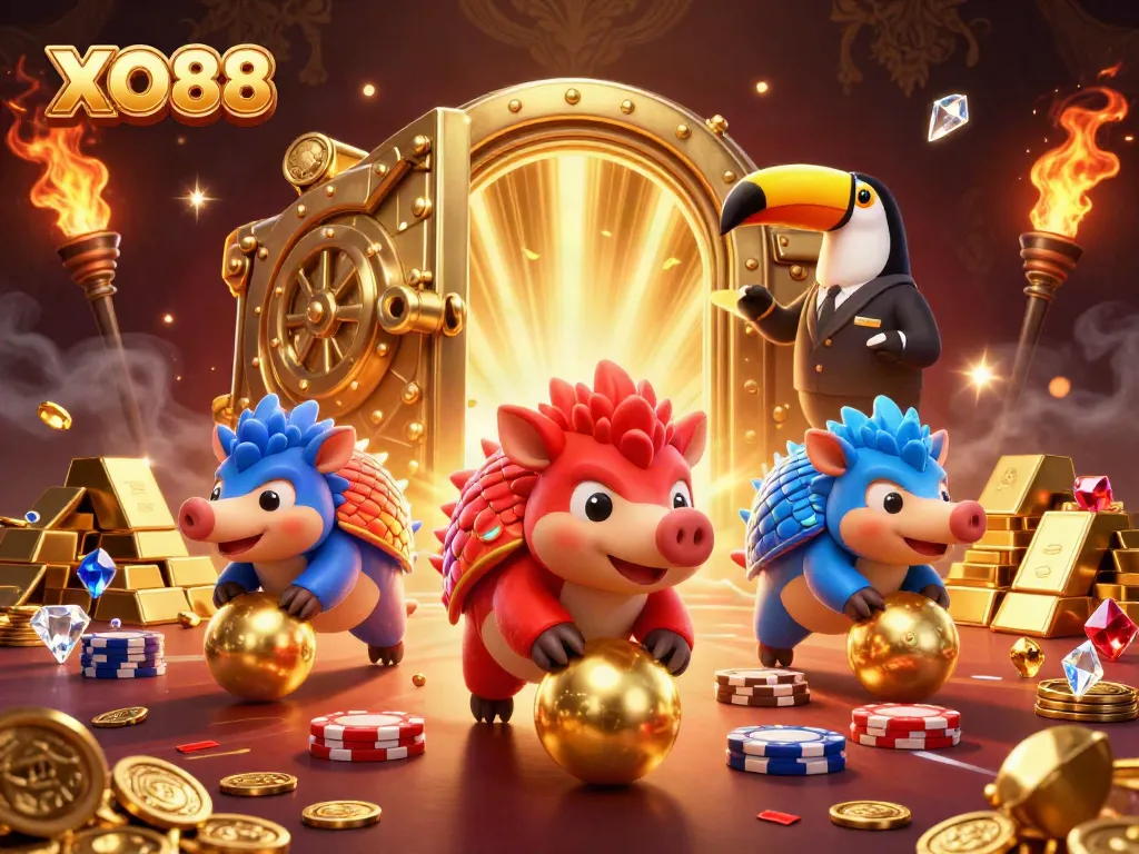 Bowling through poker chips, XO88 pangolins compete in a vibrant casino scene.