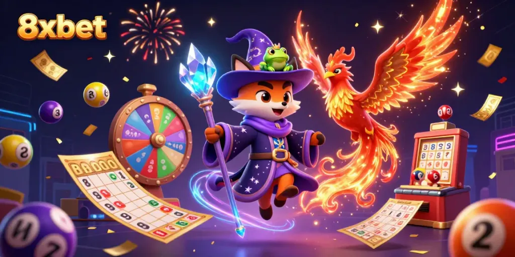Experience the excitement of 8xbet with colorful lottery balls and magical characters in a vibrant casino world.