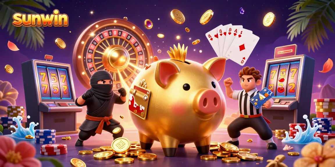 Engaging sunwin casino scene featuring a giant golden piggy bank sumo wrestler surrounded by coins and gaming elements.