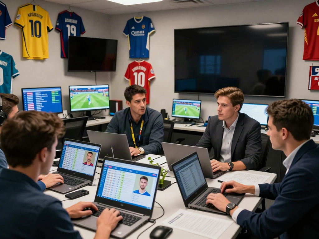 Journalists in a lively newsroom focusing on ข่าวซื้อขายนักเตะ with graphics and football jerseys.