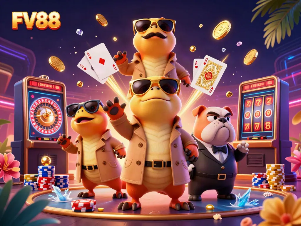Experience the excitement of FV88 casino with lively raptors and vibrant game elements.