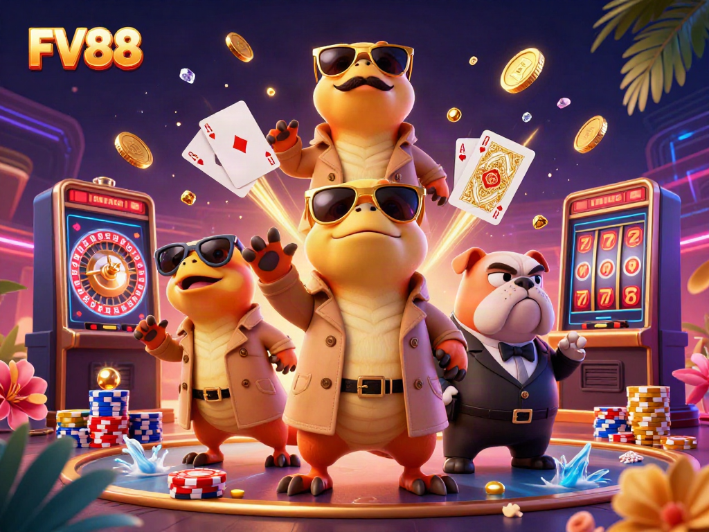 Experience the excitement of FV88 casino with lively raptors and vibrant game elements.