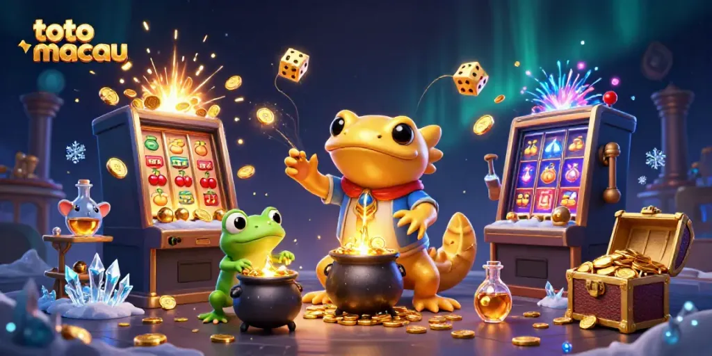 Menggila hasil toto macau dengan salamander emas alchemist dan cauldron berisi emas, dikelilingi elemen kasino