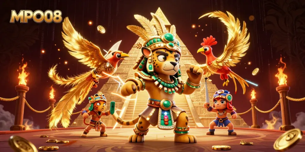Experience thrilling gameplay with MPO08 showcasing a Mayan jaguar priest and golden decorations.