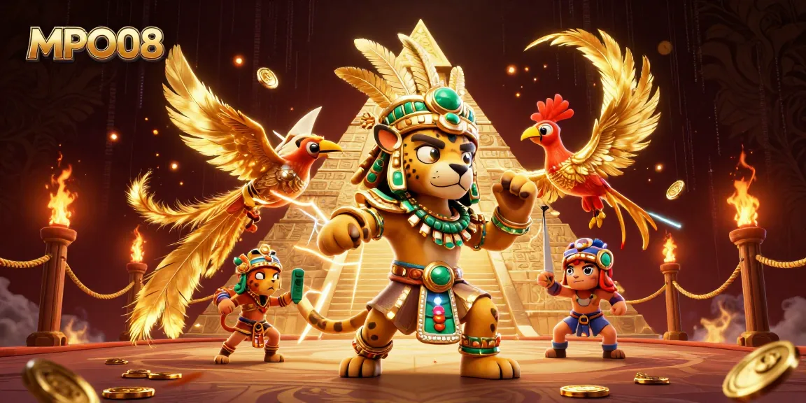 Experience thrilling gameplay with MPO08 showcasing a Mayan jaguar priest and golden decorations.
