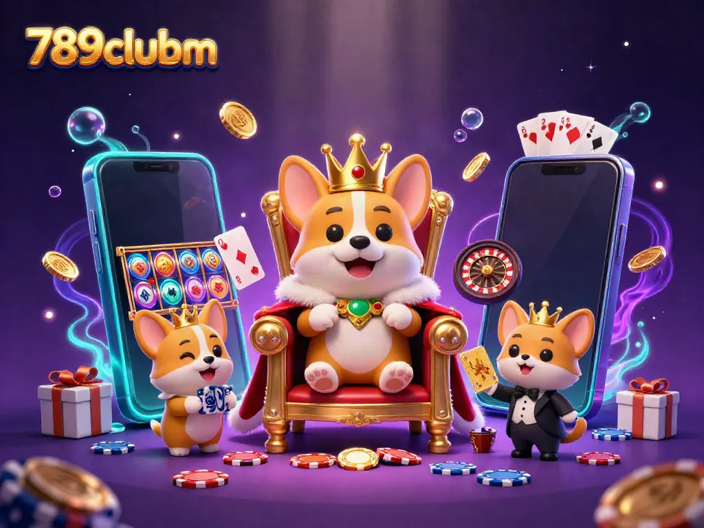 Engage in thrilling gameplay with 789clubm as a royal corgi presides over a vibrant casino scene.