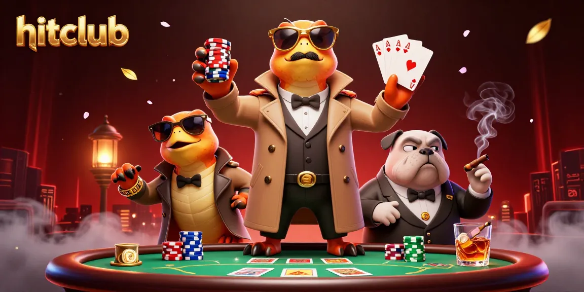 Hitclub raptors in trench coat approach a casino, showcasing vibrant poker elements and animations.