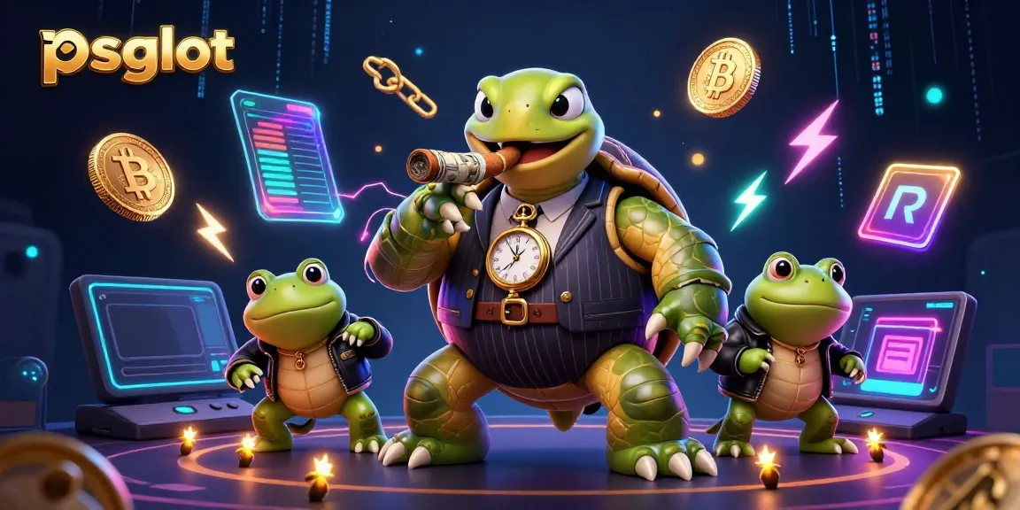 Experience thrilling psgslot gaming with our 3D cartoon turtle and bullfrog characters in a vibrant casino scene.