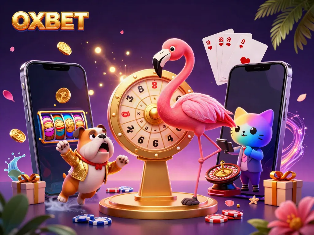 Engage with OXBET's exciting prize wheel, vibrant 3D casino scene filled with gaming elements.