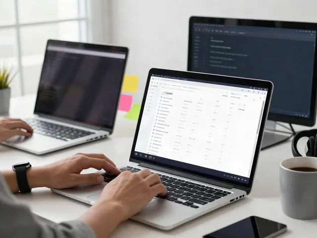Workspace showcasing 최신주소 management through a laptop with organized website links.