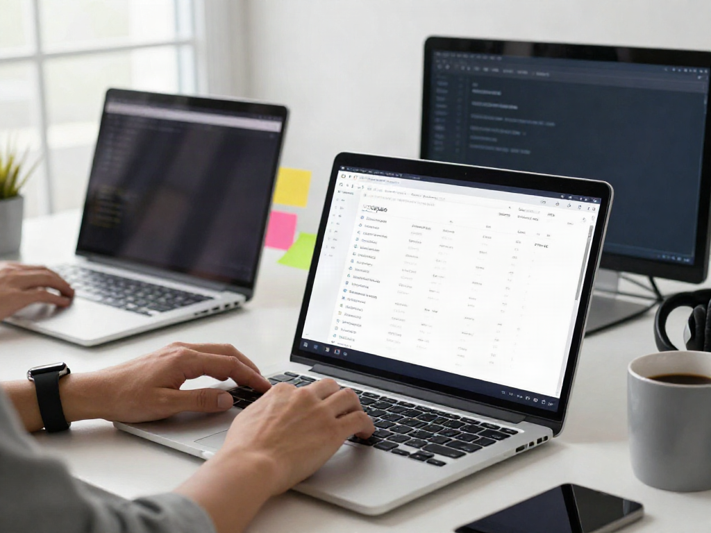 Workspace showcasing 최신주소 management through a laptop with organized website links.