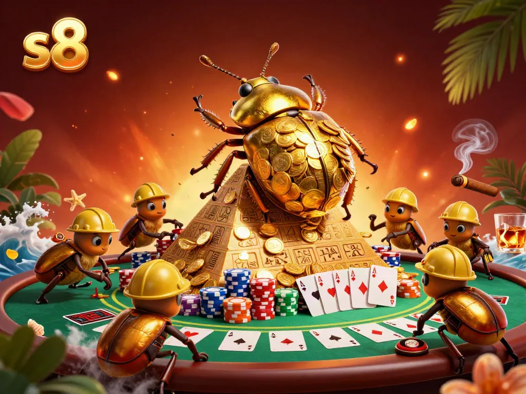 Experience the thrilling s8 online casino with beetles rolling golden coins in a vibrant scene.