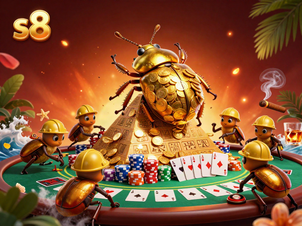 Experience the thrilling s8 online casino with beetles rolling golden coins in a vibrant scene.