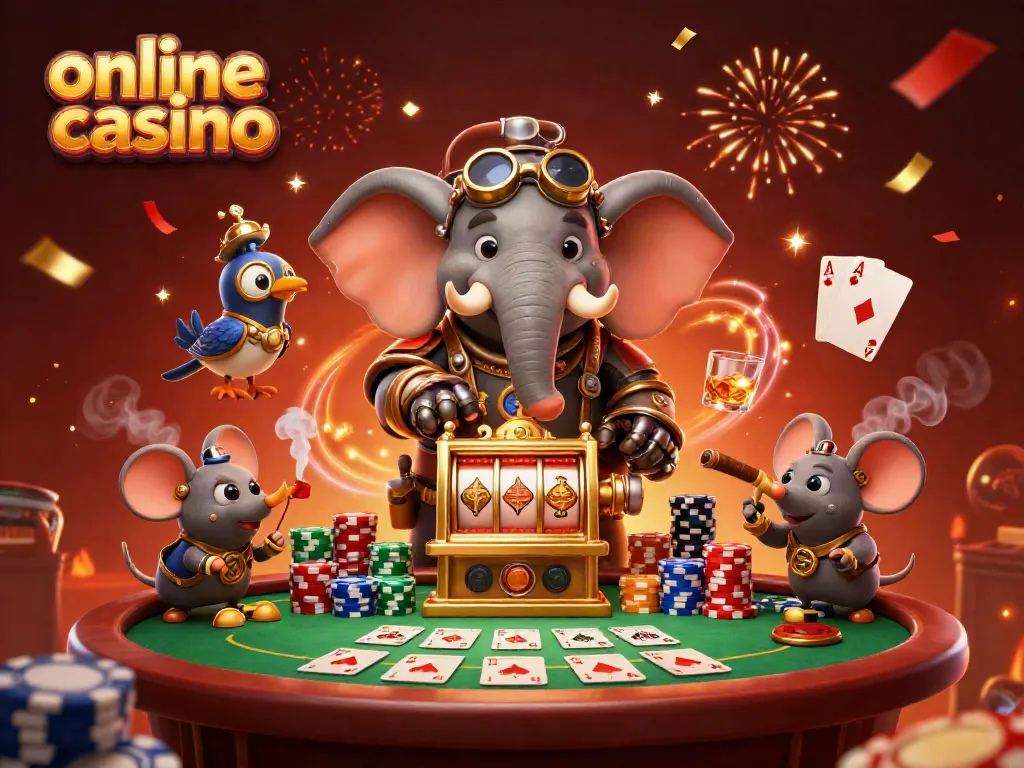 Enjoy thrilling play at an online casino with a steampunk-themed character operating a golden slot machine.