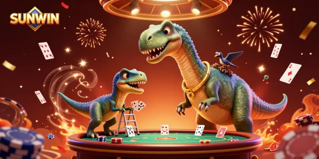 Join the excitement at SUNWIN with our illustrated casino scene featuring a playful brontosaurus and raptor dealer.