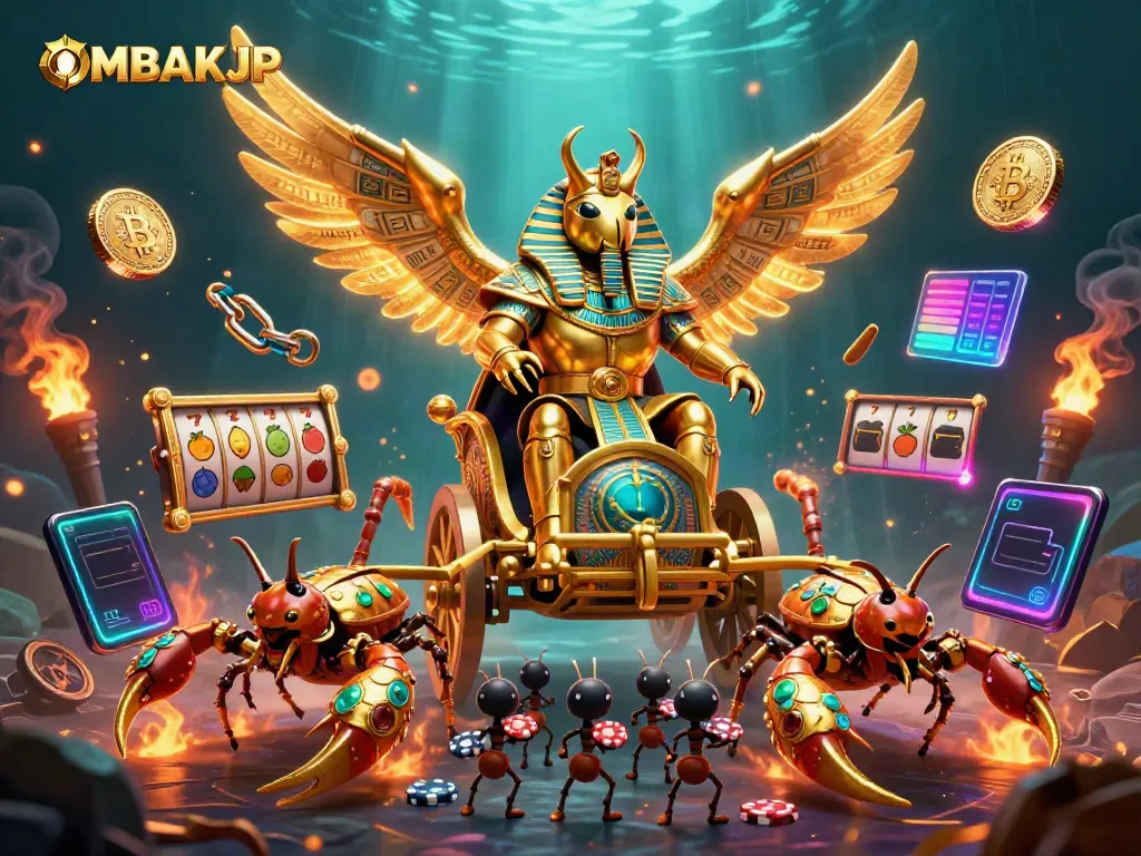 Engage in thrilling gameplay with OMBAKJP featuring iconic golden scarab and poker chips.