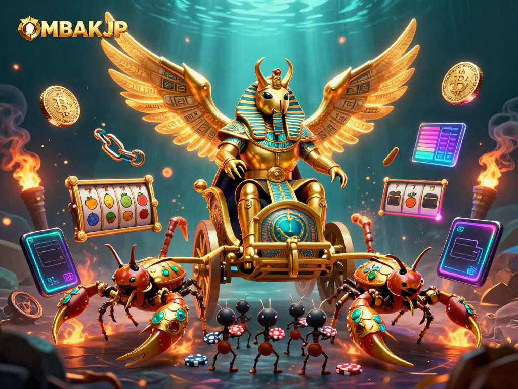 Engage in thrilling gameplay with OMBAKJP featuring iconic golden scarab and poker chips.