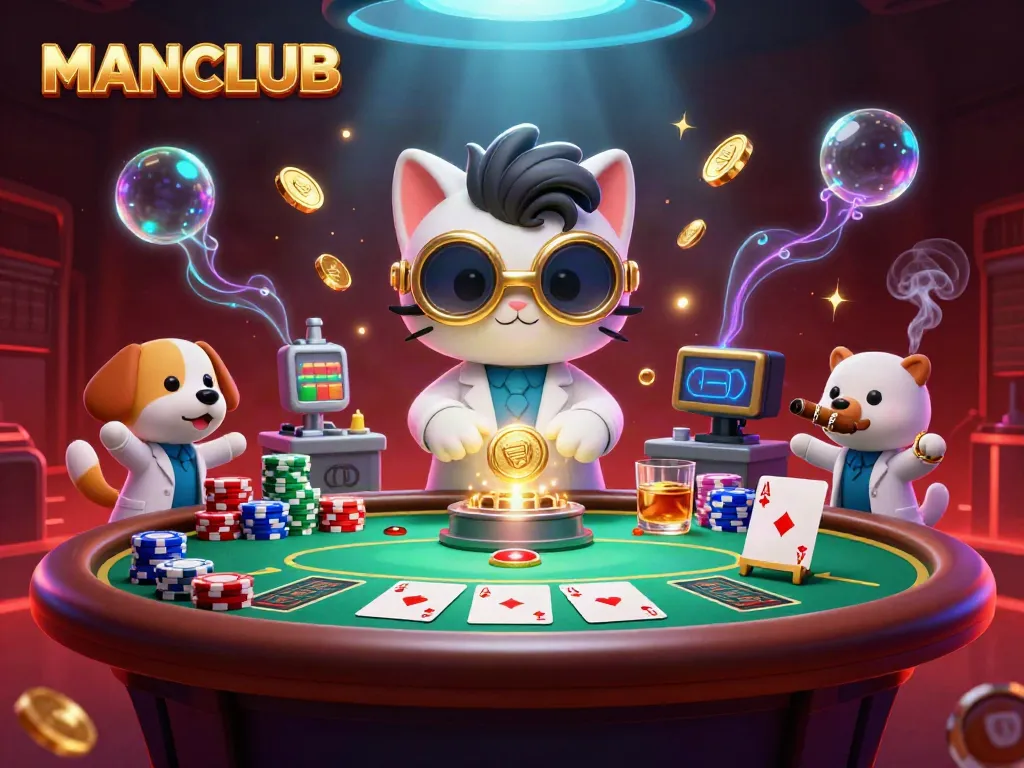 Experience MANCLUB thrills with a cartoonish casino lab scene featuring vibrant poker elements.