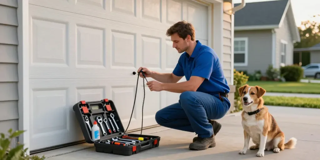 Technician performing garage maintenance, inspecting door springs and cables professionally.